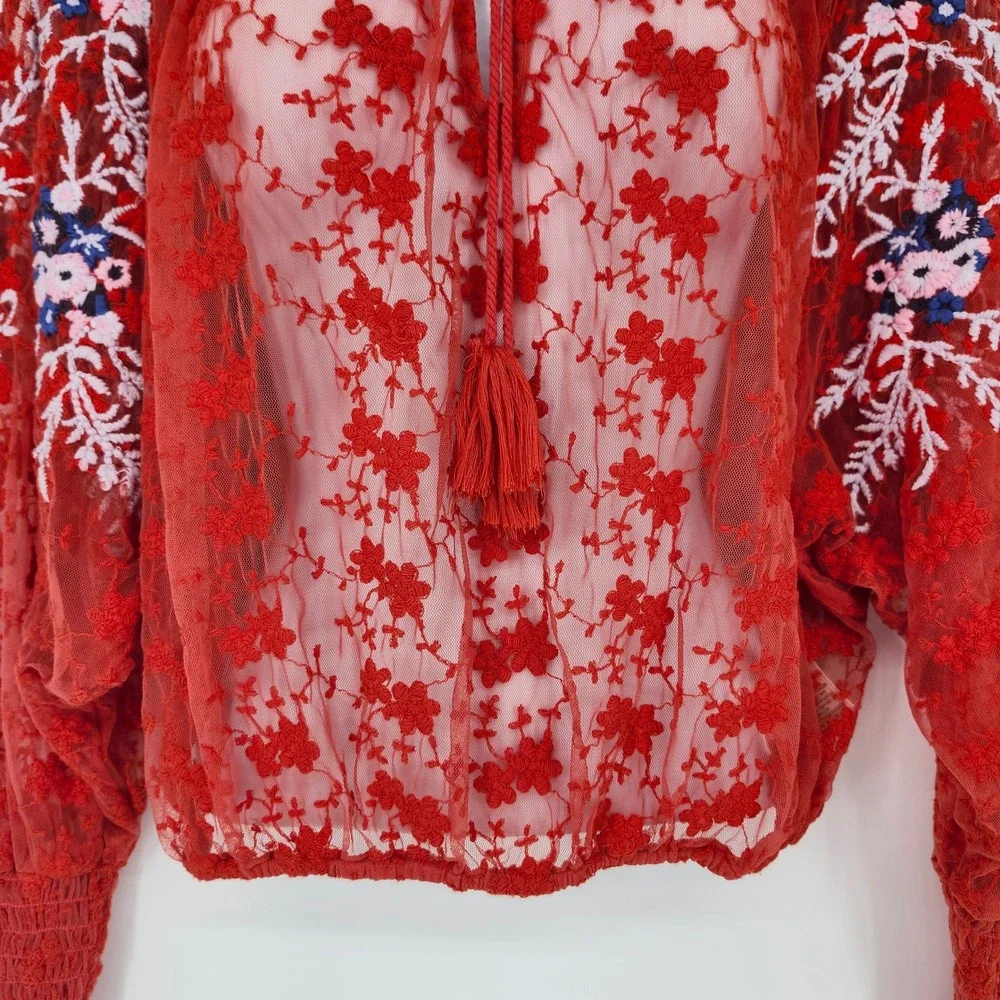 Free People Red Sheer Lace Floral Boho Top Womens XS Romantic Ethereal Fairy‎